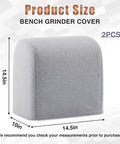 Top Shelf Two Pack Bench Grinder Covers Made From Soft Grey Cotton For Straight Up Dust Shield And Shop Ready Protection Featuring A No Sweat Universal Fit Sized At 14.5 By 14.5 By 10 Inches, showing dimensions.