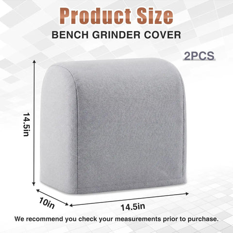 Top Shelf Two Pack Bench Grinder Covers Made From Soft Grey Cotton For Straight Up Dust Shield And Shop Ready Protection Featuring A No Sweat Universal Fit Sized At 14.5 By 14.5 By 10 Inches, showing dimensions.