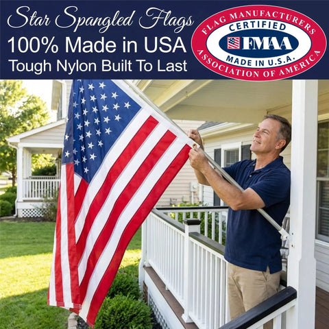 Made In USA Heavy Duty 3x5 Outdoor Flag, 100 Percent Nylon With Embroidered Stars And Sewn Stripes, displayed outside on a porch