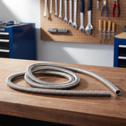 Heavy Duty Flexible Stainless Steel Electrical Wiring Conduit coiled on a wooden table, showcasing its smooth burr free bore.