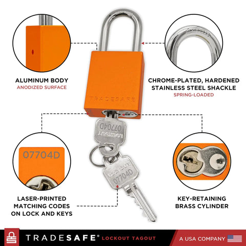 Lockout Tagout Locks Set, Ten Orange LOTO Padlocks Keyed Alike, Each With Two Keys, OSHA Compliant, One And A Half Inch Chrome Plated Hardened Steel Shackle