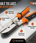 Five Blade Sheet Metal Crimp Tool With Ergonomic Grip for gutters and duct work, shown on steel surface highlighting features.