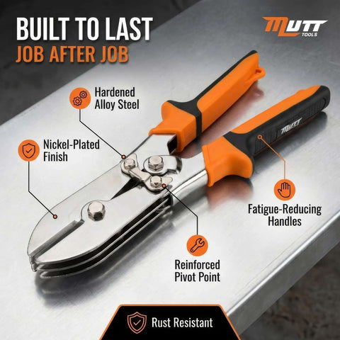 Five Blade Sheet Metal Crimp Tool With Ergonomic Grip for gutters and duct work, shown on steel surface highlighting features.