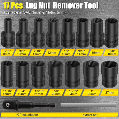Beast Mode Lug Nut Extractor Set For Stripped, Broken And Rounded Bolts, 17 Piece Kit, 8-27mm sizes with half inch drive, auto repair