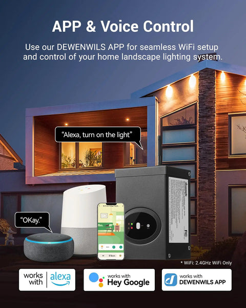 Smart Low Voltage Landscape Transformer 120W 120V AC To 12V For Outdoor LED Lighting Waterproof With 1 Zone Control Works With Alexa And Google Home ETL Listed shown with smart devices.
