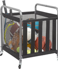 Ball Storage Bin Rolling Sports Cart With Durable Metal Frame Indoor Outdoor Gym Organizer loaded with sports gear