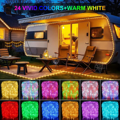Outdoor scene with 66Ft 200LED RGB Rope Light With 24 Colors Plus Warm White outlining a camper, showcasing color options.