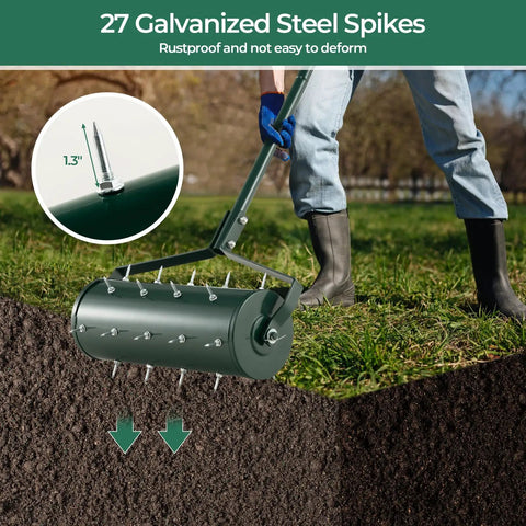 Person using 18 Inch Manual Lawn Aerator With Heavy Duty Rolling Tines And 27 Rustproof Spikes on soil.