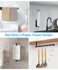 Under Cabinet Paper Towel Holder With Optional No Drill Self Adhesive Or Drill In Wall Mount Heavy Duty Stainless Steel SUS304 Fits Mega Paper Towels in various mounting positions in kitchen and bathroom settings.