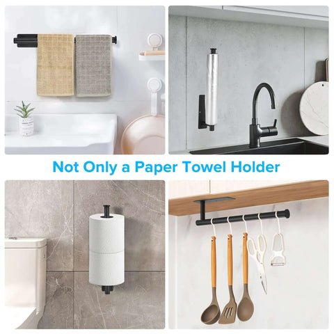 Under Cabinet Paper Towel Holder With Optional No Drill Self Adhesive Or Drill In Wall Mount Heavy Duty Stainless Steel SUS304 Fits Mega Paper Towels in various mounting positions in kitchen and bathroom settings.