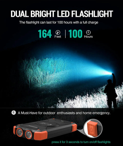10,000mAh Solar Power Bank With Wireless Charging And 20W USB C Fast Charge showing dual LED flashlight in outdoor setting