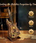 LED 3D Wooden Puzzle Guitar Kit With Lights Acoustic Model For Adults DIY Mechanical Music Craft on table with play icons.