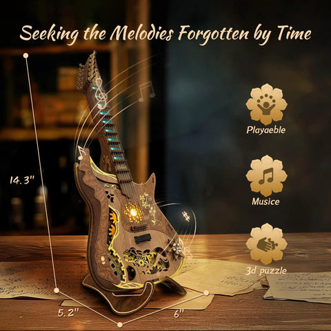 LED 3D Wooden Puzzle Guitar Kit With Lights Acoustic Model For Adults DIY Mechanical Music Craft on table with play icons.