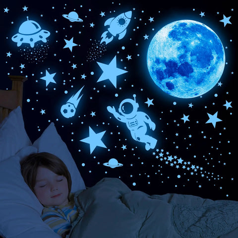 Glow In The Dark Stars And Planets Wall Sticker Set With 531 Pieces For Kids Room Decor including astronaut and rocket motifs