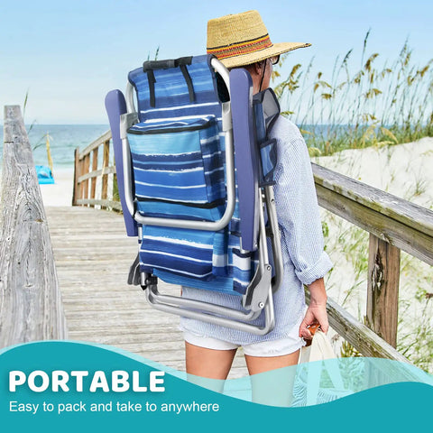 Person carrying Backpack Beach Chairs For Adults Half Pack Foldable Heavy Duty Camping Chair, blue with large pockets, on boardwalk