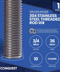 304 Stainless Steel Threaded Rods 3/4 Inch By 36 Inch, Coarse, with Hex Nuts and Washers, shown with product specifications.