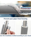 Five Pack Three Quarters Inch ID Foam Pipe Insulation Tubes Sixteen Point Nine Inch Length Grey All Weather Pro Grade Indoor Outdoor Use For Water Lines AC Piping Pool Handles And More shown insulating a pipe to prevent freezing.