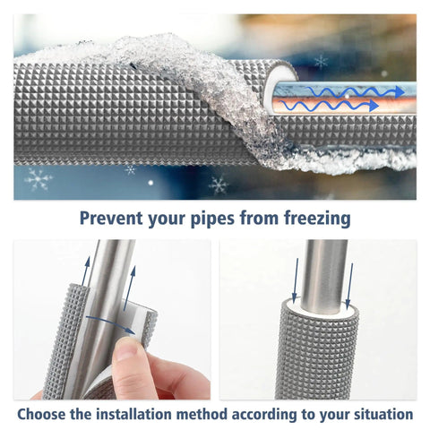 Five Pack Three Quarters Inch ID Foam Pipe Insulation Tubes Sixteen Point Nine Inch Length Grey All Weather Pro Grade Indoor Outdoor Use For Water Lines AC Piping Pool Handles And More shown insulating a pipe to prevent freezing.