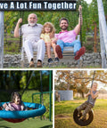 Family and children enjoying swings and a tire swing outdoors under a sign "Have A Lot Fun Together".