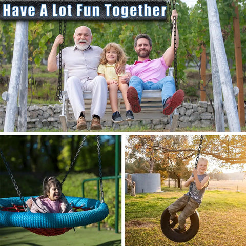 Family and children enjoying swings and a tire swing outdoors under a sign "Have A Lot Fun Together".