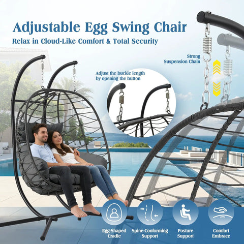 Two Person Foldable Hanging Egg Chair With Stand For Indoor Outdoor Use Wicker Porch Swing Chair Heavy Duty Rattan Hammock Loveseat With Cushions For Bedroom Garden Balcony Patio 650 Lbs Cozy Vibes
