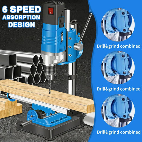 Mini Benchtop Drill Press With 1200W Motor And Six Variable Speeds mounted on base, showing 6-speed controls, designed for versatile use.