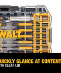 DEWALT 40-piece screwdriver bit set in clear storage case with yellow bit holders, front view