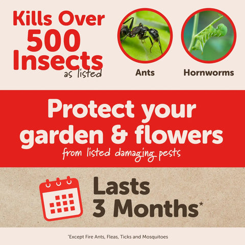 RTS Insect Killer Hose End Sprayer 32 Ounce ad highlighting over 500 pests killed including ants and hornworms, lasts 3 months