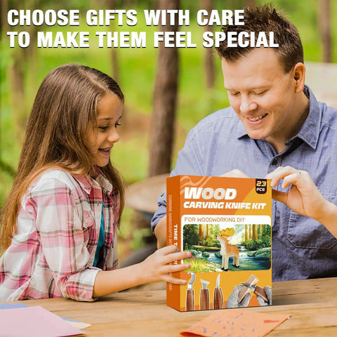 Father and daughter using 23 Piece Wood Carving Set For DIYers With 4 Large Knives 5 Detail Knives 9 Basswood Blocks Outdoors