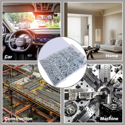 570 Piece Aluminum Rivet Assortment Kit, 15 Sizes, Silver Pop Rivets For Metal DIY Projects, Indoor Outdoor Use, shown in car, home, construction, machine settings