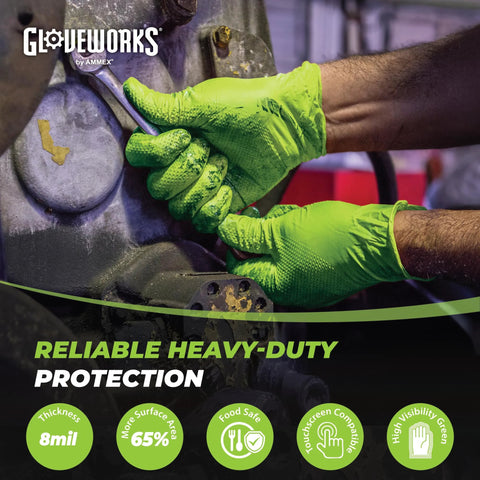 GLOVEWORKS HD green disposable gloves, 8 mil, raised diamond grip; latex-free, two boxes of 100