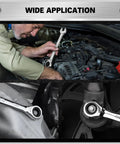 Mechanic using 33 Piece Ratchet Wrench Set With SAE And Metric Sizing From One Quarter To Three Quarters Inches And Six To Eighteen Millimeters