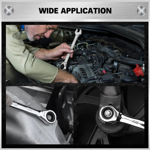 Mechanic using 33 Piece Ratchet Wrench Set With SAE And Metric Sizing From One Quarter To Three Quarters Inches And Six To Eighteen Millimeters