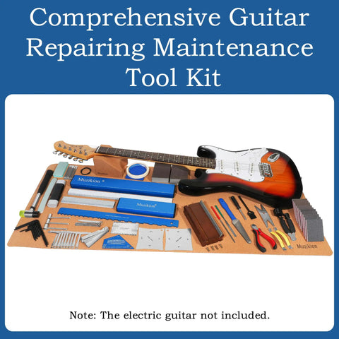 Complete Guitar Repair Kit For Pros With Pro Setup Tools, Guitar Work Mat And Neck Rest shown with various tools on cork mat