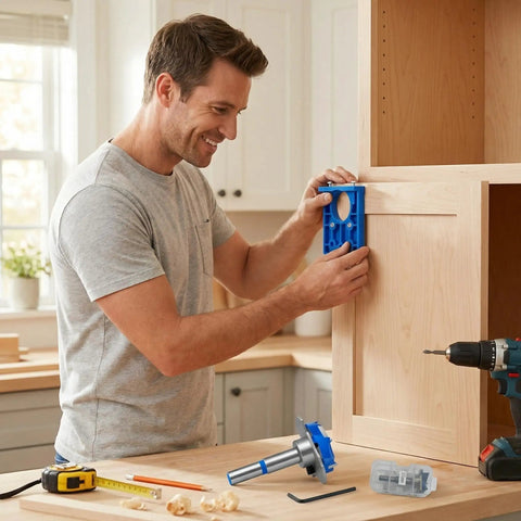 Man using This Heavy Handed 35mm Concealed Door Hinge Drilling Jig Kit to install hinges on a cabinet.