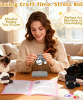 Woman crocheting amigurumi cat with Beginner Crochet Kit for Adults With Amigurumi Projects and Step By Step Video Tutorials, Complete DIY Cat Crochet Starter Set Including Yarn, Hooks, Eyes, Stuffing, Fuzzy Sticks and Easy Instructions.