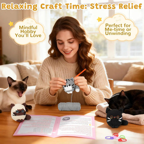 Woman crocheting amigurumi cat with Beginner Crochet Kit for Adults With Amigurumi Projects and Step By Step Video Tutorials, Complete DIY Cat Crochet Starter Set Including Yarn, Hooks, Eyes, Stuffing, Fuzzy Sticks and Easy Instructions.