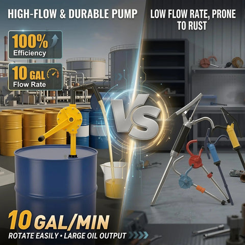 Heavy-Duty Barrel Pump Handles 15 To 55 Gallons Easy 10 Gpm Straight Up Fast Chemical Fuel Water Transfer Rock Solid Corrosion Resistant Polypropylene Pump visual comparison with high-flow and durable pump.