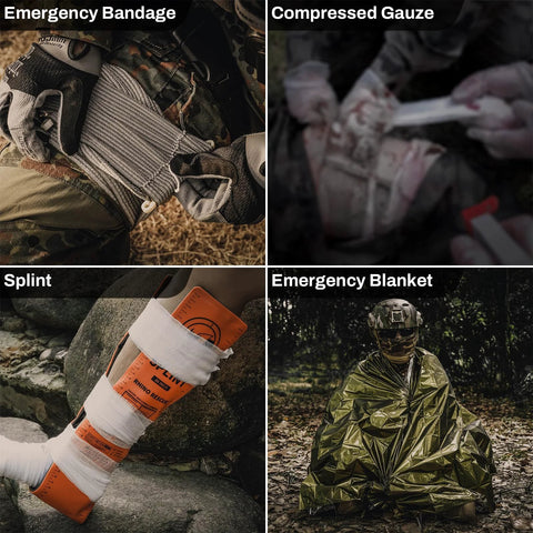 Rhino Rescue IFAK trauma kit in black MOLLE pouch with C-A-T tourniquet; includes bandage, gauze, splint, emergency blanket.