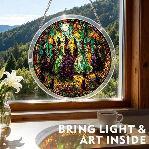 Dope Acrylic Suncatcher Puzzle Kit With Dark Gothic Witch Design, 83 pieces, hanging on window with sunlight streaming through