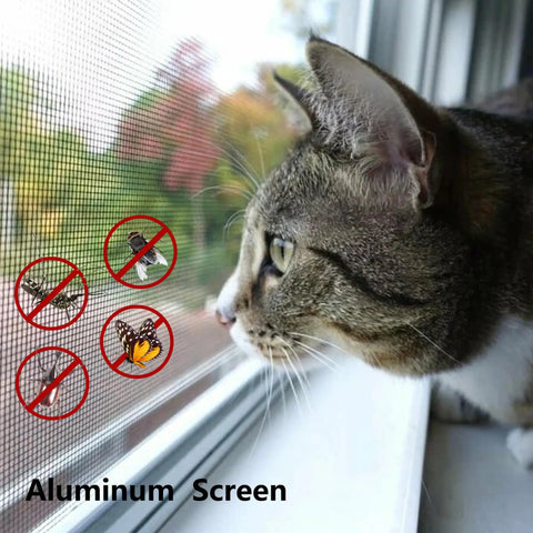 DIY Friendly All-Weather Aluminum Window Screen Mesh Roll 48 Inch By 100 Foot Black with cat at window, insect icons shown
