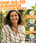 Chill Out Mesh Hammock Between Two Trees No Stand Needed Outdoor Camping Lightweight 13 Oz Nylon Net Bed in use with woman sitting