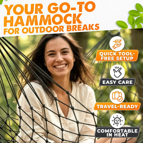 Chill Out Mesh Hammock Between Two Trees No Stand Needed Outdoor Camping Lightweight 13 Oz Nylon Net Bed in use with woman sitting