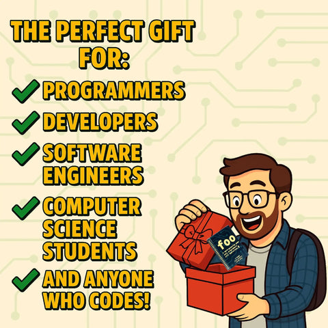 Cartoon of a happy man opening a gift box containing the Icebreaker Coding Card Game For Programmers And Devs A Fun Gift.