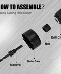 Assembly of 8 Piece Hole Saw Kit With Case 1 To Two And One Eighth Inches Includes Five Saw Blades Mandrel Two Drill Bits And Hex Key