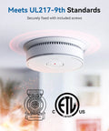 Combo Smoke And Carbon Monoxide Alarm With Ten Year Battery Dual Sensor Smoke Detector With Bilingual Voice Alerts Reduced Nuisance Alarms For Home Safety Four Pack on ceiling, UL217-9th listed