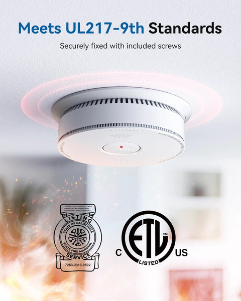 Combo Smoke And Carbon Monoxide Alarm With Ten Year Battery Dual Sensor Smoke Detector With Bilingual Voice Alerts Reduced Nuisance Alarms For Home Safety Four Pack on ceiling, UL217-9th listed