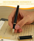 Luxurious Rollerball Pen With 24K Gold Trim And Schneider Ink Refill Gift Set For Men And Women Boss Level Office Pro Elegant Executive Writing Instrument in use on paper