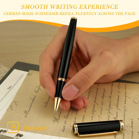 Luxurious Rollerball Pen With 24K Gold Trim And Schneider Ink Refill Gift Set For Men And Women Boss Level Office Pro Elegant Executive Writing Instrument in use on paper