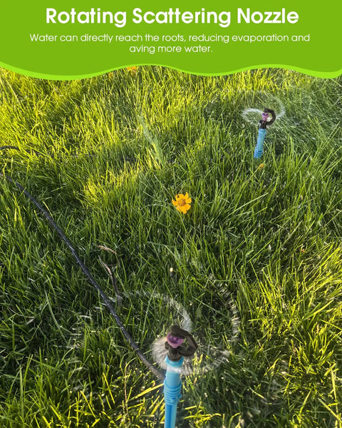 Automatic Lawn Sprinkler System With 32.8Ft 8 to 12 Tubing And 16.4Ft 4 to 7 Tubing Kit G Type 360 Degree Rotation Sprinkler on lawn